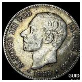 1885 Spain Silver 5 Pesetas .7234oz ASW