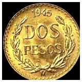 1945 Mexico Gold 2 Pesos UNCIRCULATED