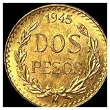 1945 Mexico Gold 2 Pesos UNCIRCULATED