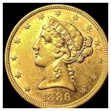 1886 Liberty Head Half Eagle $5 Gold CLOSELY UNCIR