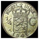 1924 Netherlands East Indies Silver 1/4 Gulden