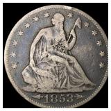 1853 Arrows/Rays Seated Liberty Half Dollar  LIGH