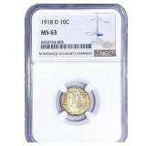 1918-D Mercury Silver Dime NGC MS63