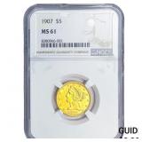 1907 $5 Gold Half Eagle NGC MS61
