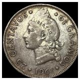 1961 Dominican Republic Silver 25 Centavos