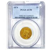 1874 $3 Gold Piece PCGS AU50