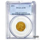 1874 $3 Gold Piece PCGS AU50