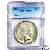 1921 Silver Peace Dollar ICG MS62