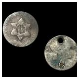 1852 Silver Three-Cent Piece (holed) NICELY CIRCUL