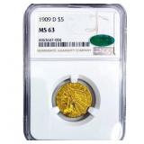 1909-D CAC $5 Gold Half Eagle NGC MS63