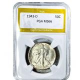 1943-D Walking Liberty Half Dollar PGA MS66
