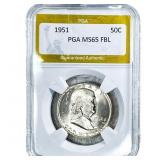 1951 Franklin Half Dollar PGA MS65 FBL