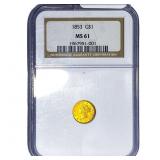 1853 Rare Gold Dollar NGC MS61