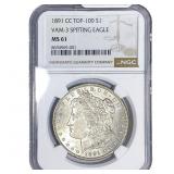 1891-CC Morgan Silver Dollar NGC MS61 Spitting Eag