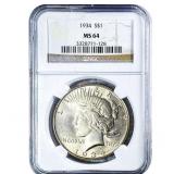 1934 Silver Peace Dollar NGC MS64