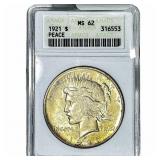 1921 Silver Peace Dollar ANACS MS62
