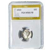 1920 Mercury Silver Dime PGA MS66 FB