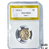 1913-S Buffalo Nickel PGA MS64 Type 1
