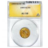 1905 $2.50 Gold Quarter Eagle ANACS AU58