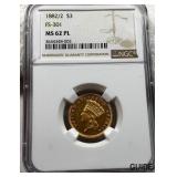 1882/2 $3 Gold Piece FS-301 NGC MS62 PL