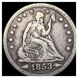 1853-O Arrows & Rays Silver Seated Liberty  Quart
