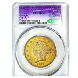 1852 $20 Gold Double Eagle CAC AU50
