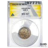 1913-D Buffalo Nickel ANACS MS62 VAR 1