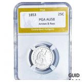 1853 Seated Liberty Quarter PGA AU58 Arrows & Rays