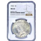 1922 Silver Peace Dollar NGC MS64