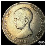 1891 FG Spain Silver 5 Pesetas