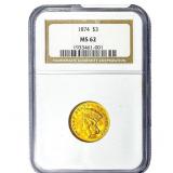 1874 $3 Gold Piece NGC MS62