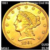 1861 New Reverse Civil War $2.50 Gold Quarter Eagl