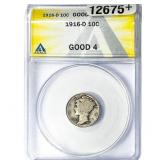1916-D Mercury Silver Dime ANACS G04