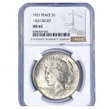 1921 Silver Peace Dollar NGC MS62 High Relief