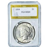 1934 Silver Peace Dollar PGA MS64