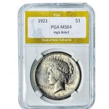 1921 Silver Peace Dollar PGA MS64 High Relief