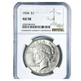 1934 Silver Peace Dollar NGC AU58