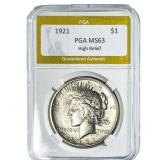 1921 Silver Peace Dollar PGA MS63 High Relief