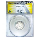 1943-D Mercury Silver Dime ANACS MS64 FSB