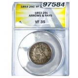 1853 Seated Liberty Quarter ANACS VF35 Arrows & Ra