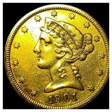 1901-S Gold $5 Liberty Head Half Eagle CHOICE  AU