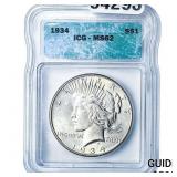 1934 Silver Peace Dollar ICG MS62