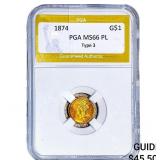 1874 Rare Gold Dollar PGA MS66 PL