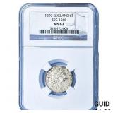 1697 England Silver 6 Pence ESC-1566 NGC MS62