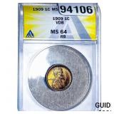 1909 VDB Wheat Cent ANACS MS64 RB