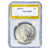 1934-D Silver Peace Dollar PGA MS64