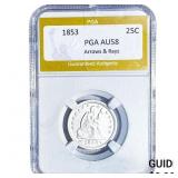 1853 Seated Liberty Quarter PGA AU58 Arrows & Rays