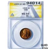 1909 VDB Wheat Cent ANACS MS64 RB