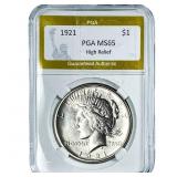 1921 Silver Peace Dollar PGA MS65 High Relief