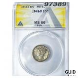 1943-D Mercury Silver Dime ANACS MS66 FSB